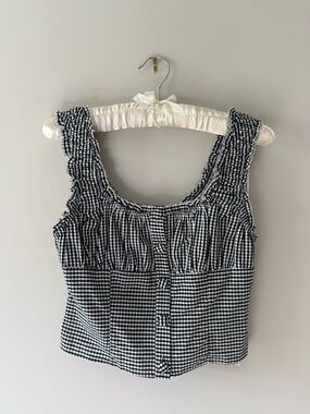 NWT Mable Gingham Ruche Ruffle Strap Tank Top - Black & White - Small - Button
